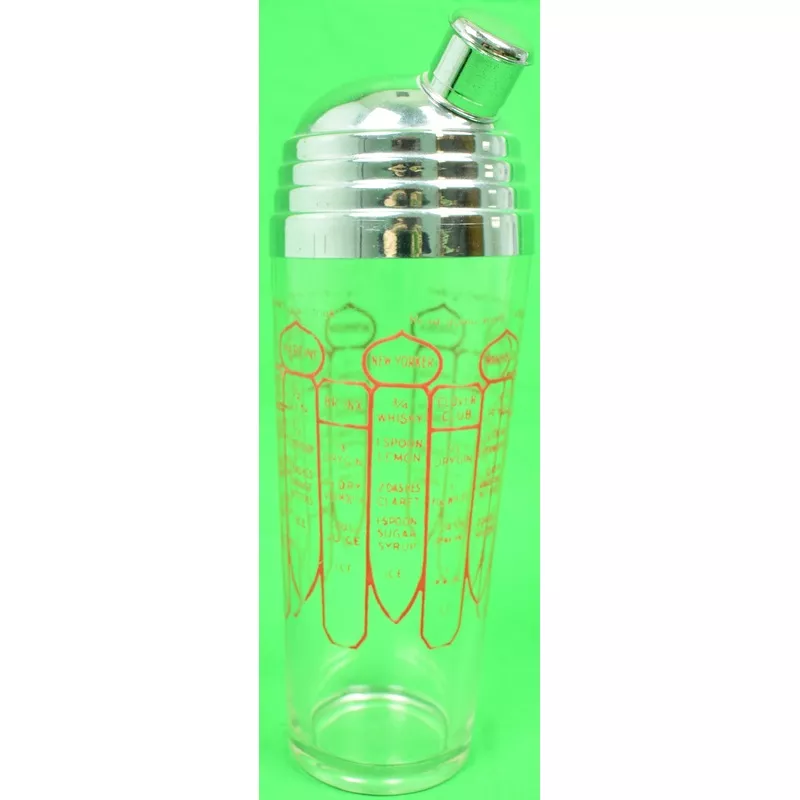 (13) Cocktail Recipes Glass c1930s Shaker w/ Chrome Lid & Spout