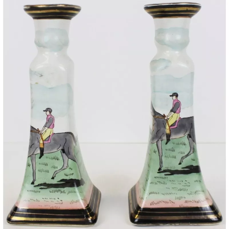 "Pair x Jockey Ceramic Candlestick Holders"