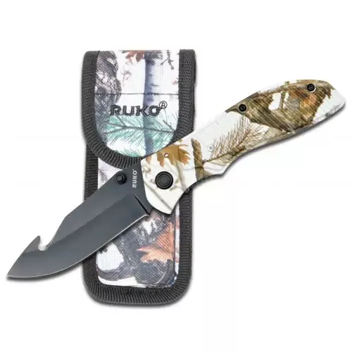 RUKO 3-1/2″ FOLDING KNIFE GUT HOOK KNIFE, TUNDRA CAMO HANDLE