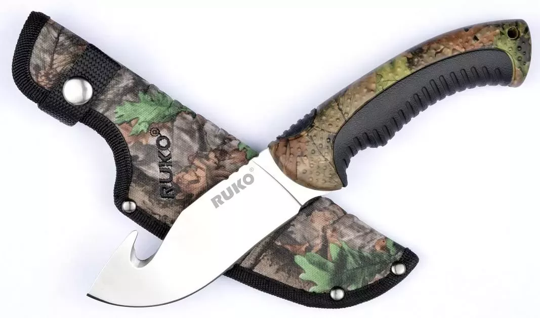 RUKO 4-1/2″ FIXED GUT HOOK KNIFE, WX-3D CAMO HANDLE