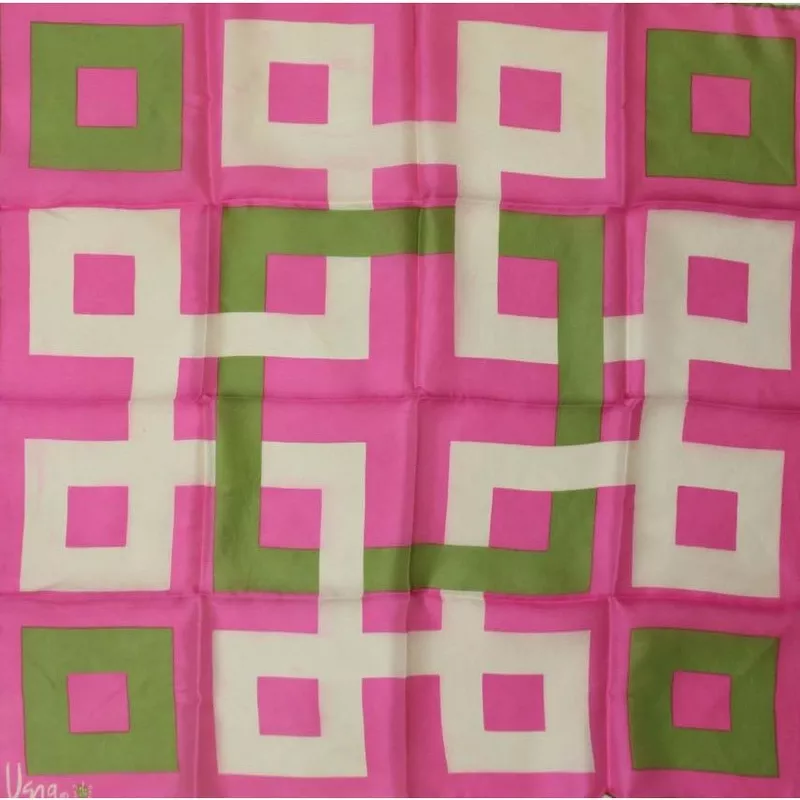 "Vera Pink/ Green & White Sq Print Silk Scarf" (SOLD)